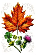 large maple leaf with small clover and thistle at the base tattoo design idea