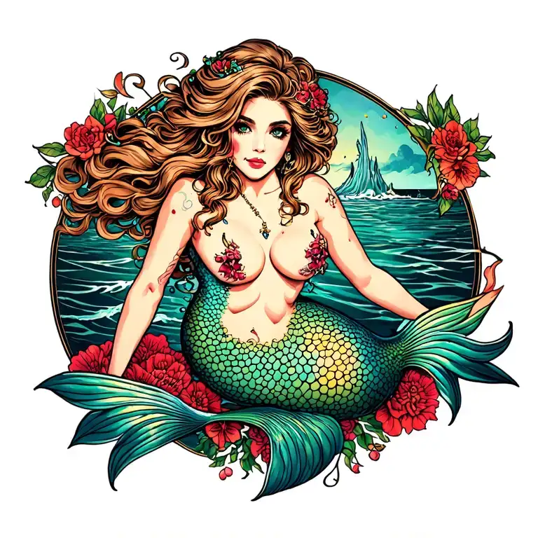 Sexy nude Girl mermaid pinup tattoo design idea