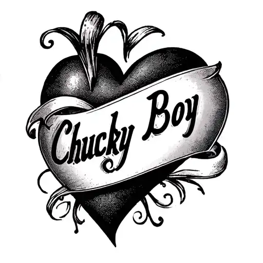 "Chucky Boy" sentimental heart tattoo with script across the front tattoo design idea