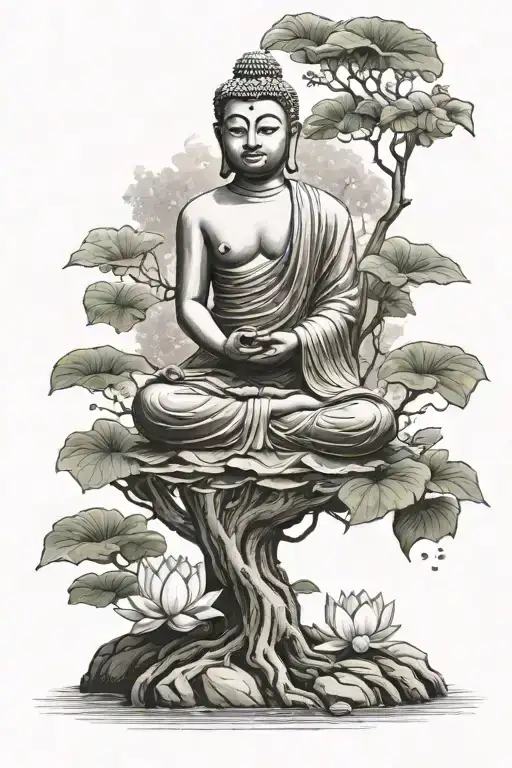 Buddha sitting with a lotus in his hand under a tree, a tree should be beside it with falling leaves tattoo design idea