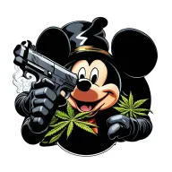 Gangster mickey mouse smoking weed with a gun in his hands  tattoo design idea