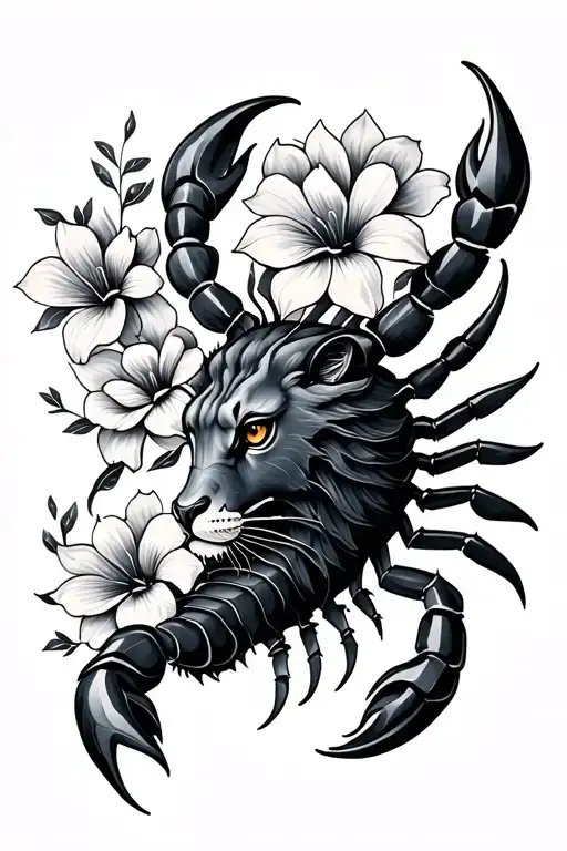 Lion scorpion flowers tattoo design idea