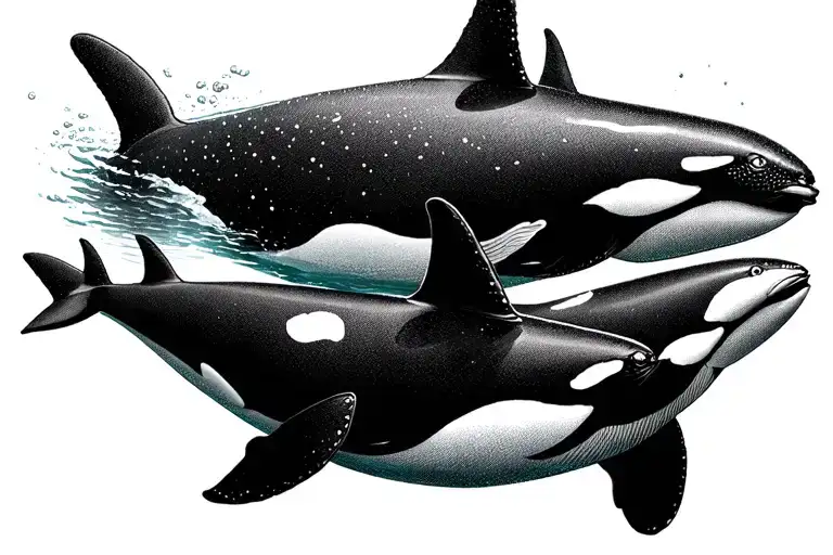 orca whale swimming with 2 baby orcas swimming underwater tattoo design idea