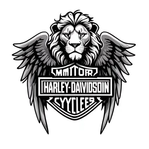 Leo zodiac lion with Harley Davidson Wings in front of the Harley Davidson Shield  tattoo design idea