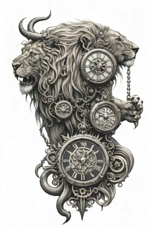 lion and clock mechanism intertwined tattoo design idea