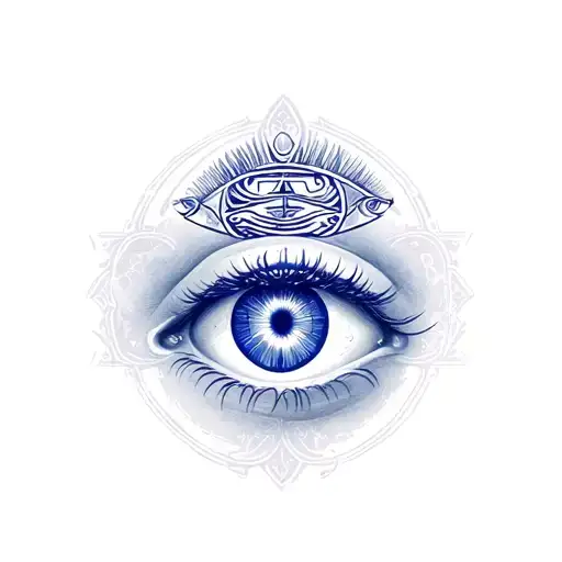 Realistic portrait of a spiritualist with navy blue Gemini symbol as a third eye tattoo design idea