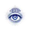 Realistic portrait of a spiritualist with navy blue Gemini symbol as a third eye tattoo design idea