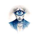 Realistic portrait of a spiritualist with navy blue Gemini symbol as a third eye tattoo design idea