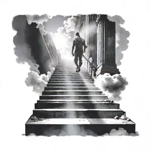 stair case to heaven person walking up on stairs, leaving behind material things, sunshine rays and clouds, tattoo design idea