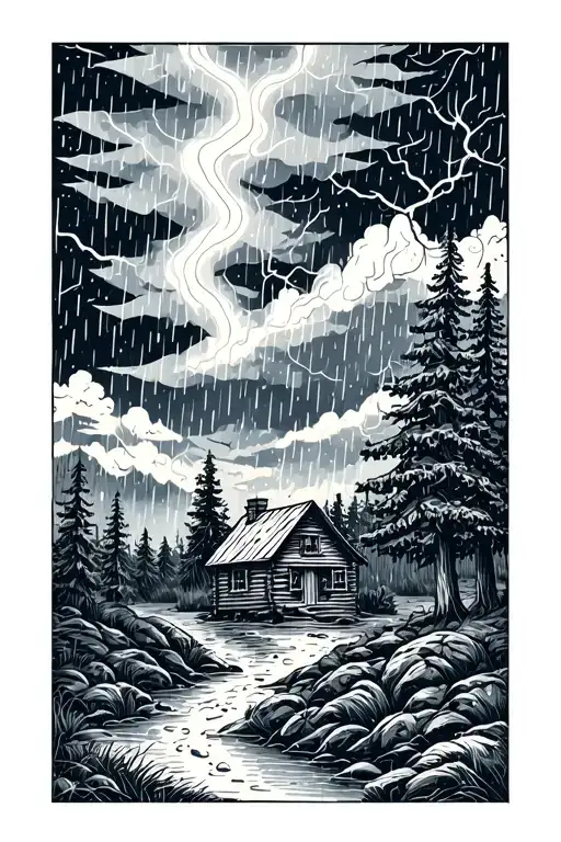 hygge ladscape with thunderstorm and heavy rain with trees and woodcabin tattoo design idea