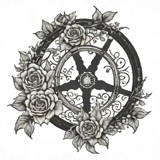 An elegant blackwork design of a vintage steering wheel surrounded by delicate floral patterns, symbolizing the balance and control required in driving tattoo design idea