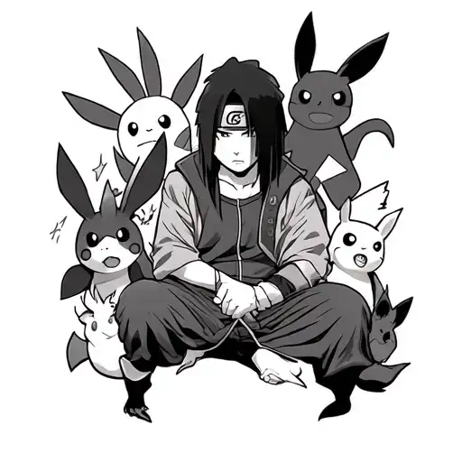 A tattoo of Itachi from Naruto surrounded by Pokemon characters tattoo design idea