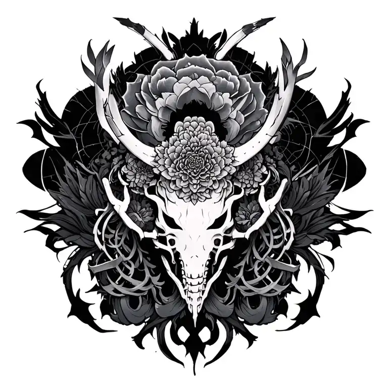 Cybersigilism as the base;Japanese elements integrated symmetrical fullback, spine highlighted; detailed and ornamental  tattoo design idea