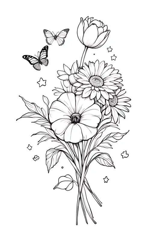 flower boquet of tulip, morning glory, chrysanthemum, peony and 2 paw prints with butterflies and shining stars tattoo design idea