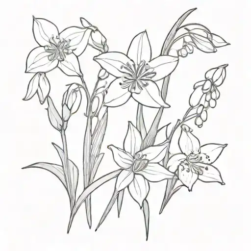 Snowdrop, Daffodil, Lily of the valley and Larkspur tattoo. Fine line. Black and grey. Flower bouquet. Simple. tattoo design idea