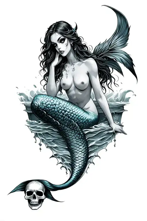 evil mermaid with a mermaid tale topless sitting on a bed of skull with a ocean background  tattoo design idea