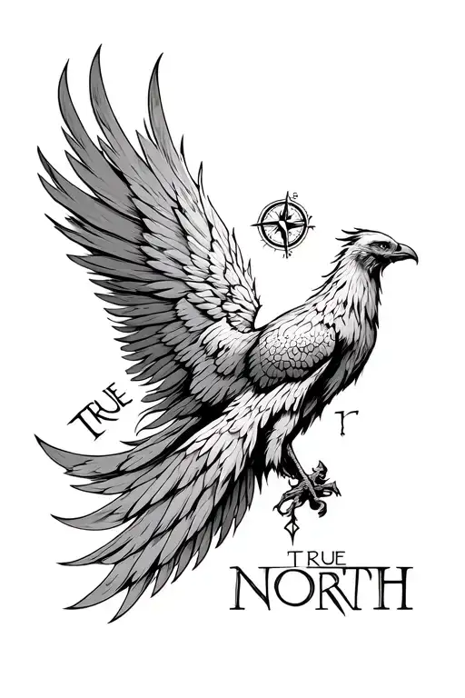 Phoenix outline combined with a compass and the words TRUE NORTH tattoo design idea