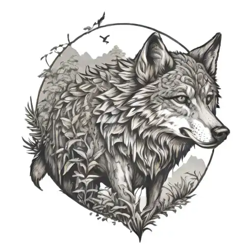 Anime-style wolf hunting in a Colombian jungle tattoo design idea