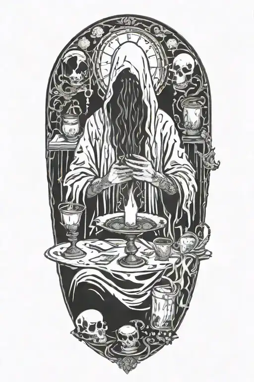 Faceless cultist performing ritual, tarot cards, candles tattoo design idea