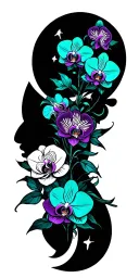 teal/purple orchids, white roses, moon/sun tattoo design idea