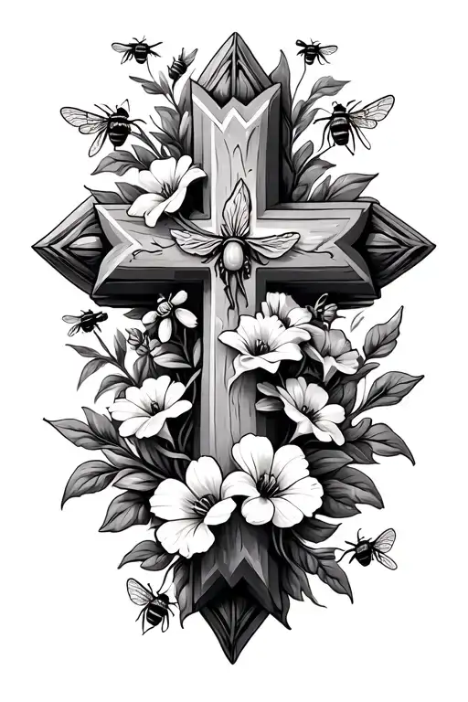 Cross with flowers (Lillie's and random flowers) and bees on it.  tattoo design idea
