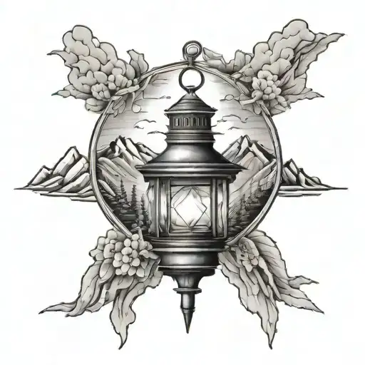 lantern with mountains tattoo design idea
