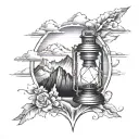 lantern with mountains tattoo design idea
