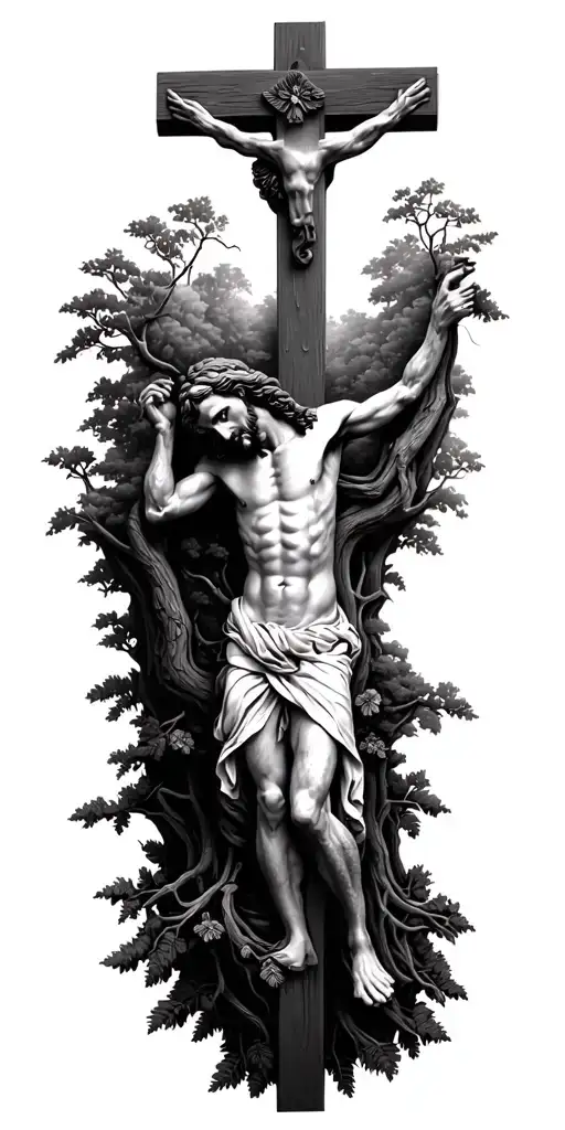 nature scene crucifix tree of life jesus tattoo design idea