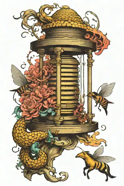 bee hive hourglass with a chinese waterhorse and clashing bulls    tattoo design idea