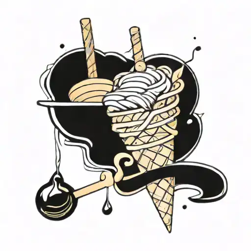 An abstract tattoo design featuring a shawarma skewer intertwined with coffee beans and ice cream cones, representing the client's unique combination of interests tattoo design idea