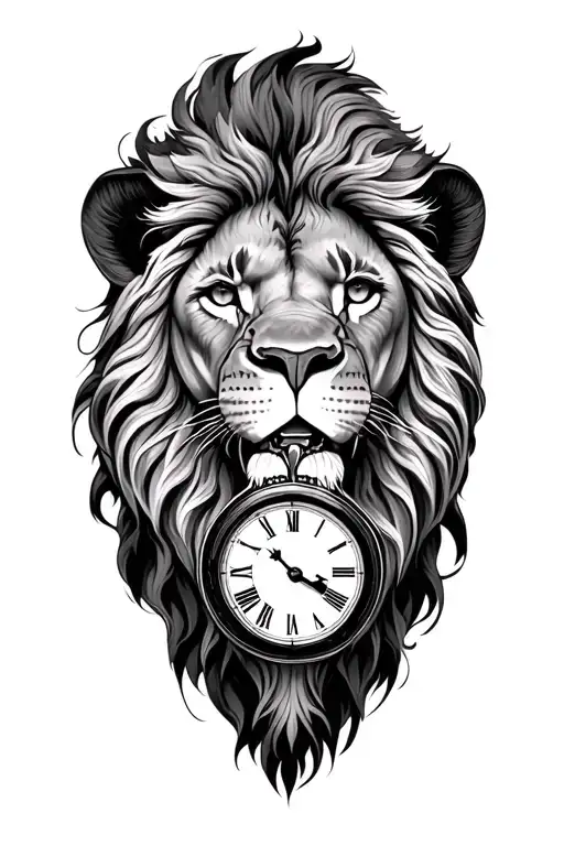 Lion head with clock and family human body tattoo design idea