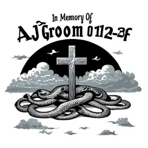 "In Memory Of AJ Groom 01-25" clouds in the sky background, a cross in the forefront, snakes around the floor tattoo design idea
