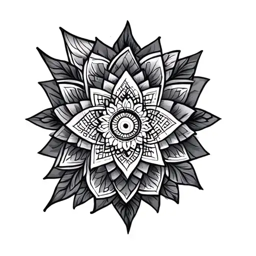 sleave with geometric patterns and a mandala on the elbow and a mandala on the deltoid tattoo design idea