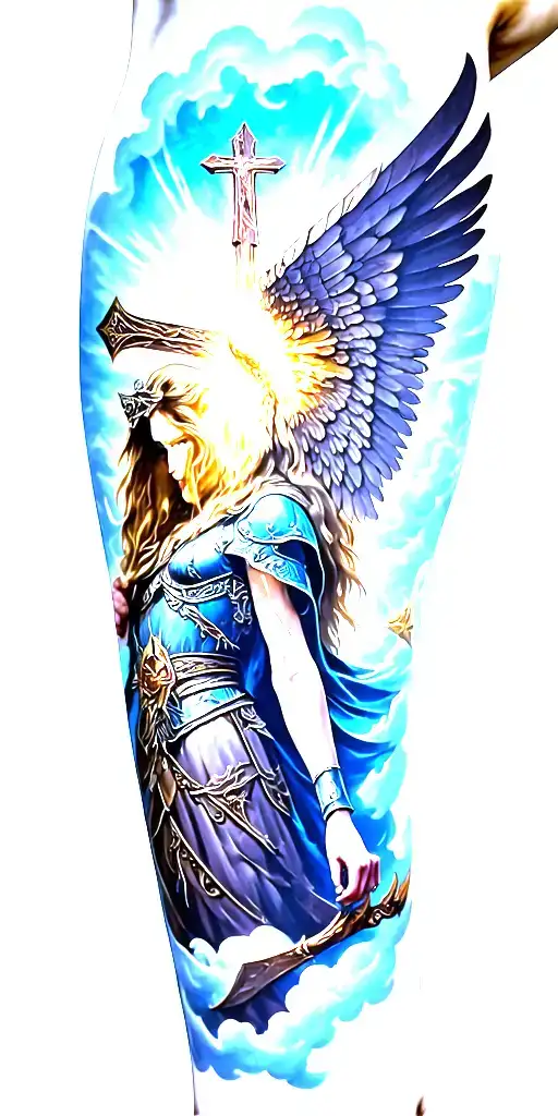 age of discovery, norse Valkyrie, clouds, rays, a cross,  tattoo design idea