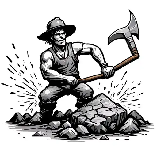 Skinny Miner hits a stone with a pickaxe, sparks fly off the stone tattoo design idea