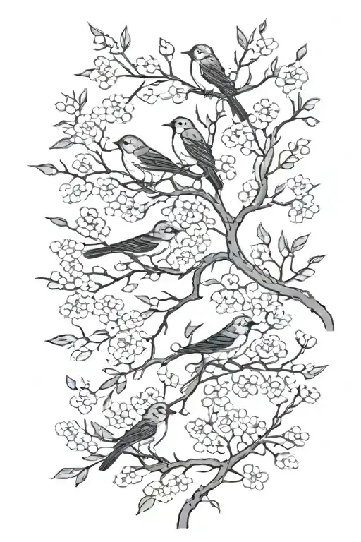 sideways skinny spooky dark cherry branch with minimal blossoms black and grey 4 solid black birds sitting on branch tattoo design idea