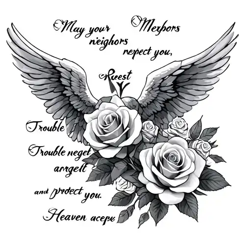 may your neighbors respect you, trouble neglect you, angels protect you, and heaven accept you - drake with roses tattoo design idea