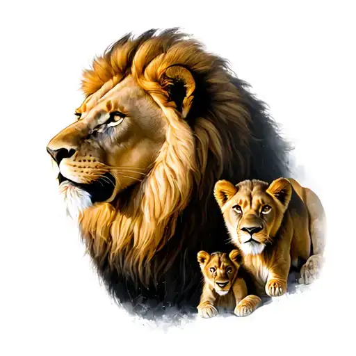 lion lioness with 2 cubs and the lion is overcoming a bad past tattoo design idea