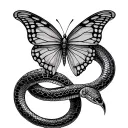 The butterfly is centered, wings openThe snake wraps diagonally across it, turtle shell tattoo design idea