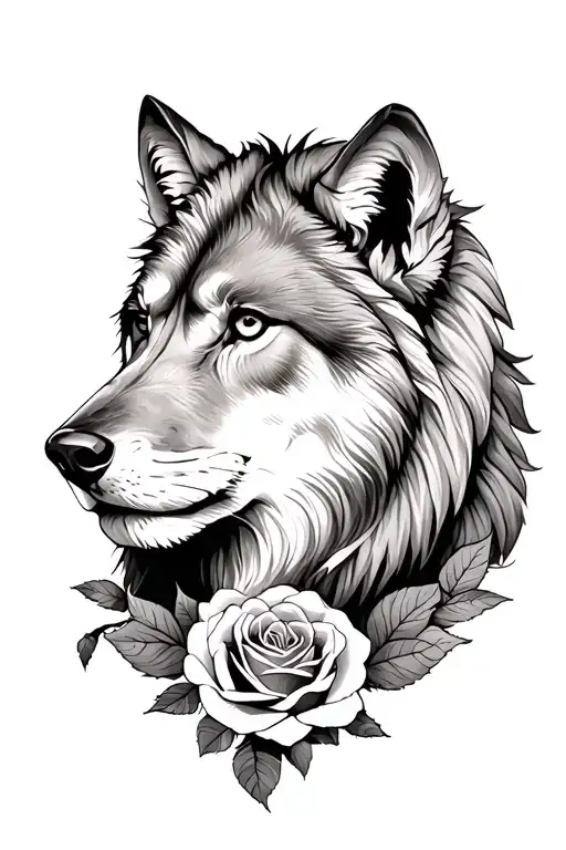 lion and wolf blended by roses tattoo design idea