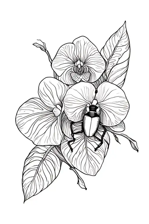 Women's cuff with orchid Monstera Beetle Yoga Inka Theme tattoo design idea