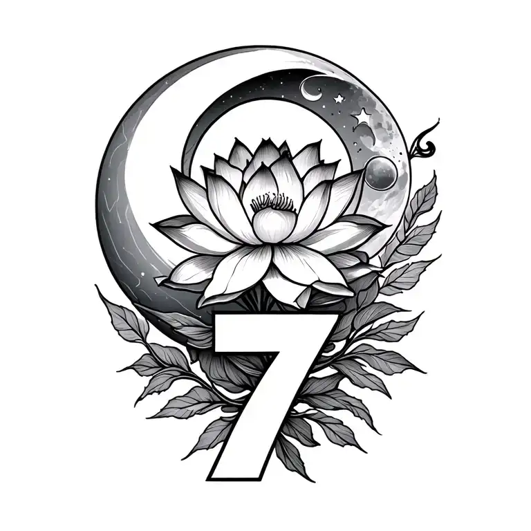 Design a hand-written left hand back shoulder tattoo To visualize the word 'suga', '7', have a lotus flower and moon tattoo design idea