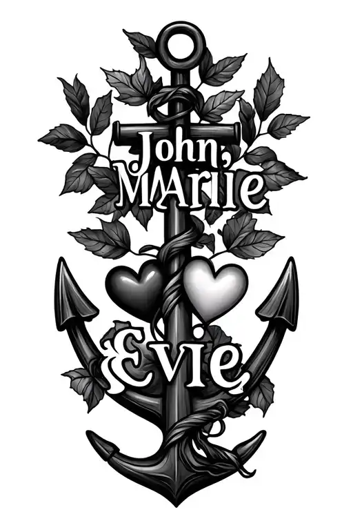 "John, Mariee, Evie" "John, Mariee, Evie" anchor, horse chestnut leaves, three hearts  tattoo design idea