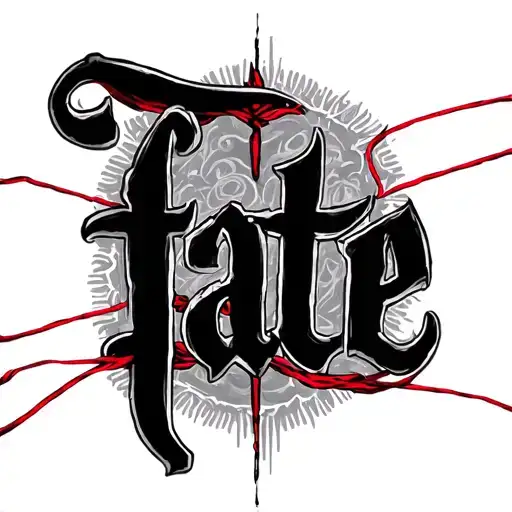 the word "fate" with red string of fate around it. nothing more but the word and string  tattoo design idea