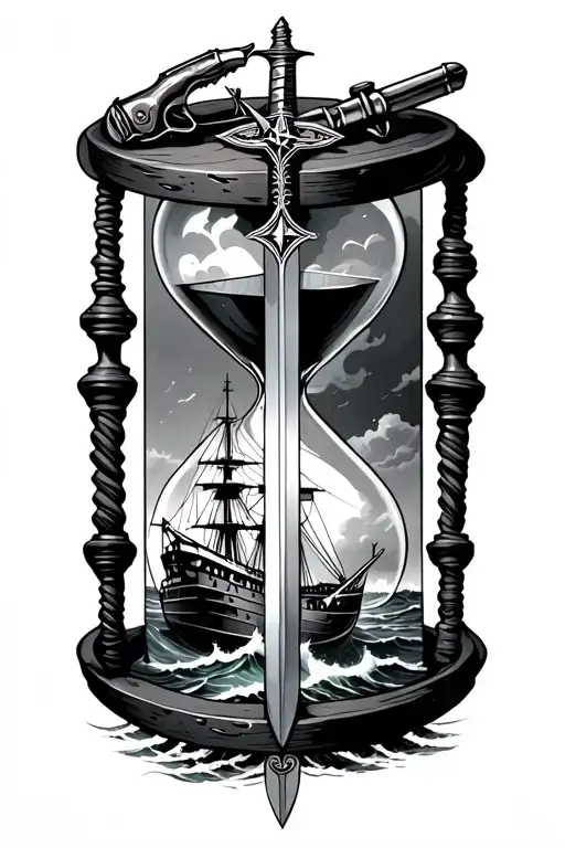 an hourglass with an old battleship on rough seas in the bottom half & a sword, pistol, quill & compass in the top half tattoo design idea