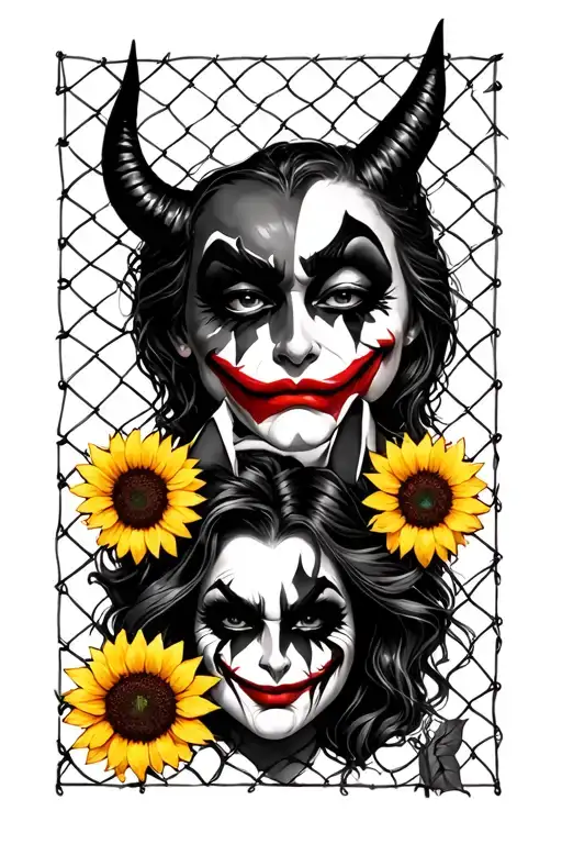 Wire fence with devil, sleepy, sunflower, joker, catwoman emojis tattoo design idea