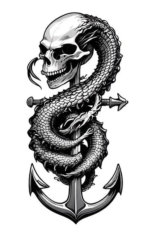 sea serpent skull and anchor intertwined tattoo design idea