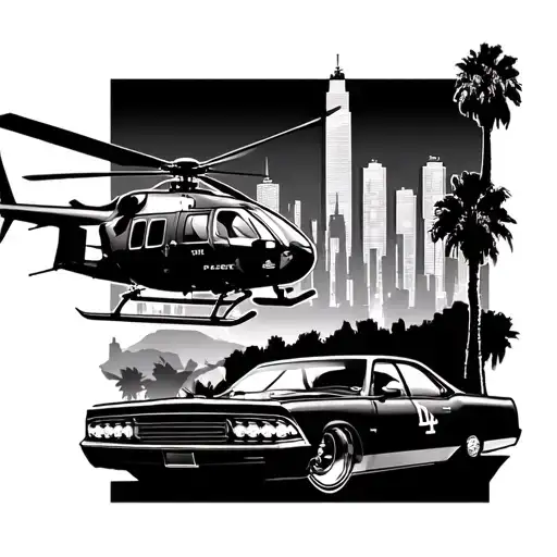 Los Angeles skyline, helicopter, lowrider, dodgers logo, lakers logo, palm trees tattoo design idea