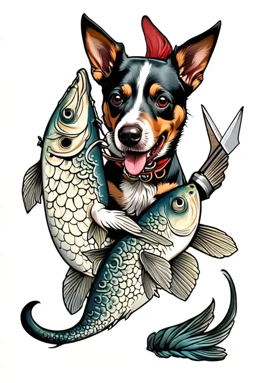 crazy red heeler dog killing a catfish with chisels tattoo design idea
