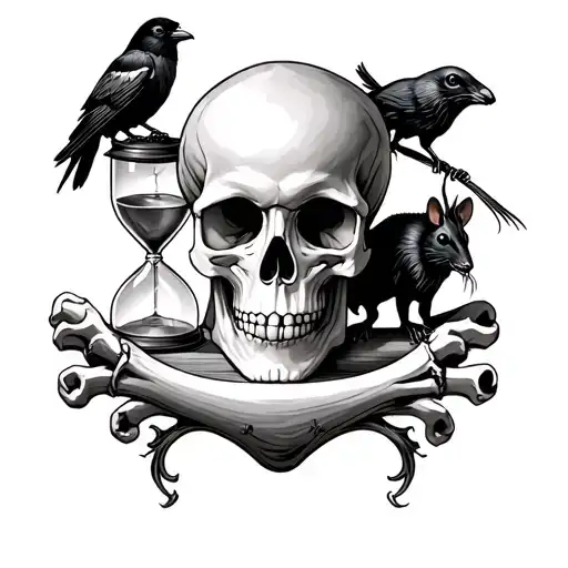 A skull without the interior jaw placed on two femurs with an 18th century hourglass, a crow and a rat tattoo design idea